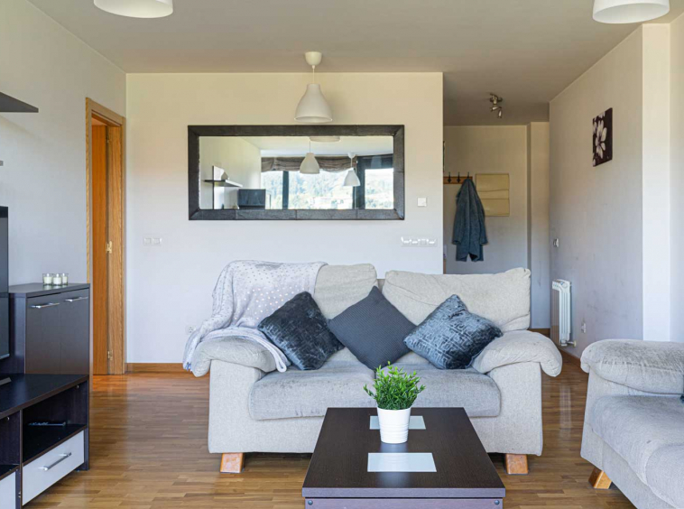 Salón preparado con Home Staging_ sofás beige y muebles oscuros_se aprecia la distribución de la vivienda