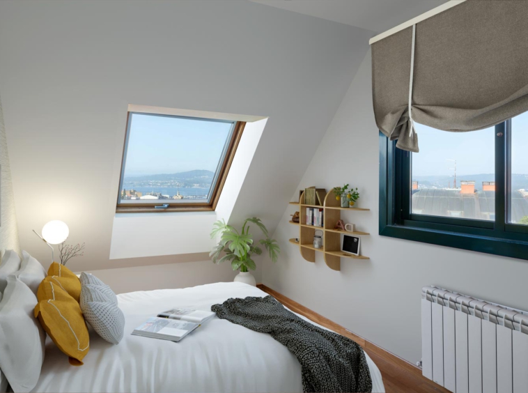 Dormitorio principal abuhardillado con vistas al mar_Home Staging Virtual_Riqueza de textiles