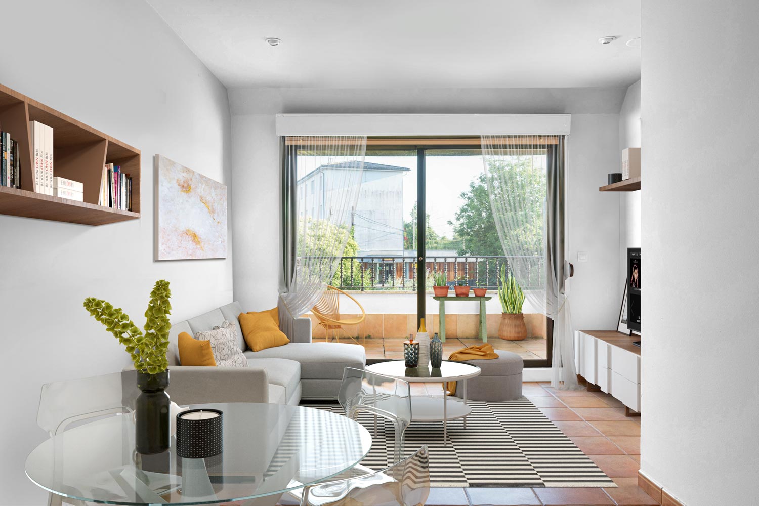 Salón comedor preparado con Home Staging virtual_Estética moderna y elementos transparentes_vista hacia la terraza