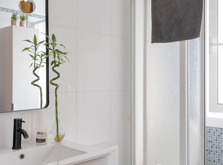 Baño moderno con lavabo blanco, espejo grande con luces, inodoro y ducha con mampara de vidrio esmerilado. El baño está decorado con plantas y azulejos en tonos azules.